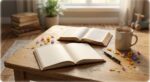 An open journal and a Bible resting on a wooden table next to a steaming mug of tea, fountain pen, and scattered flower petals.