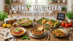 A rustic wooden kitchen table topped with a variety of healthy home-cooked meals including salad, roasted salmon with vegetables, spaghetti, and a hearty stew, featuring a chalkboard sign that says "Plan Ahead".