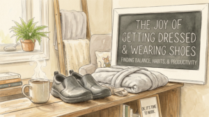 A cozy watercolor illustration showing a pair of durable, black non-slip work shoes resting on a rustic wooden bench next to a steaming mug of coffee and a neatly folded grey dressing gown. In the background, a chalkboard reads "THE JOY OF GETTING DRESSED & WEARING SHOES - FINDING BALANCE, HABITS, & PRODUCTIVITY," and a tiny mouse in a vest smiles. Natural light streams from a fern-filled window.