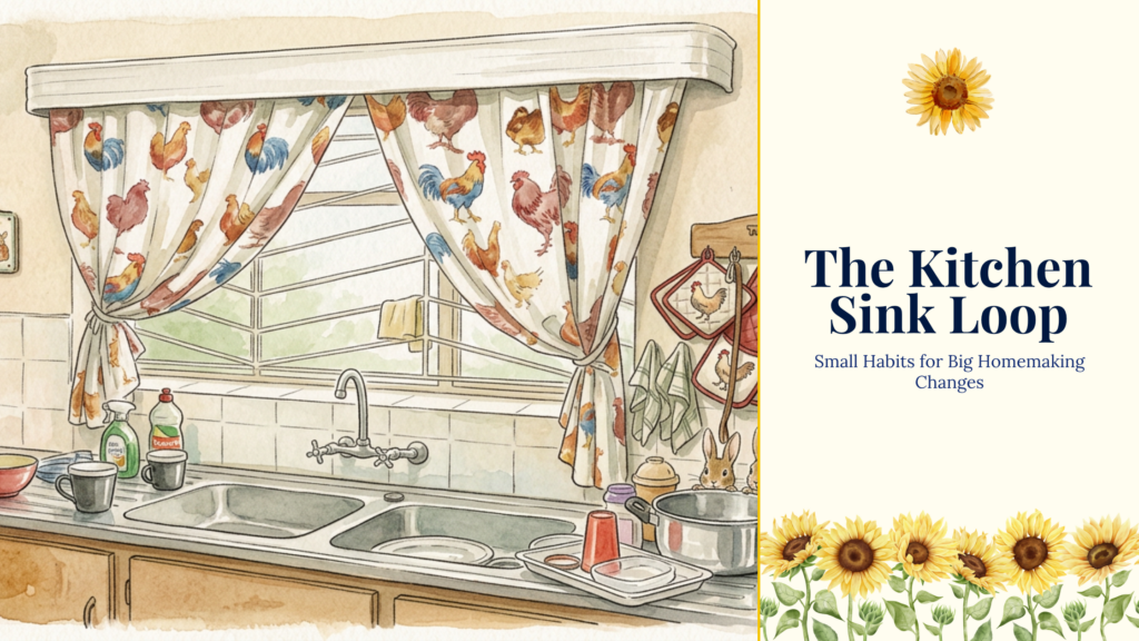 A watercolor-style illustration of a cozy kitchen sink area with rooster-patterned curtains, featuring a text block on the right side that reads "The Sink Strategy: Small Habits for Big Homemaking Changes," framed by decorative sunflowers at the top and bottom.
