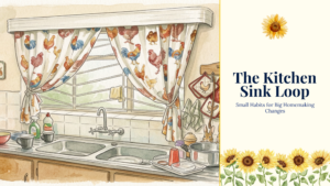 A watercolor-style illustration of a cozy kitchen sink area with rooster-patterned curtains, featuring a text block on the right side that reads "The Sink Strategy: Small Habits for Big Homemaking Changes," framed by decorative sunflowers at the top and bottom.